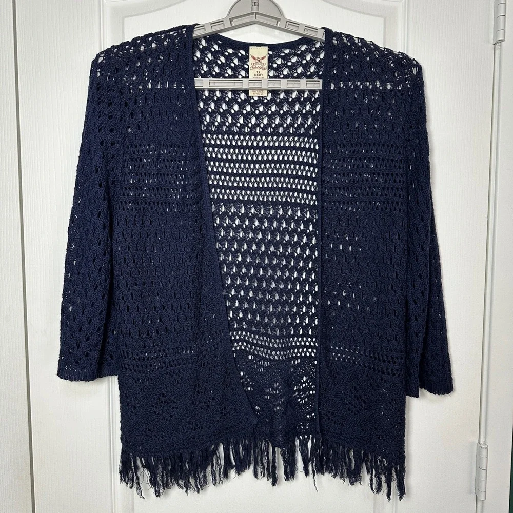 Faded Glory Blue Crochet Knit‎ Fringe Cardigan Size 1X 16W Boho Coastal Festival